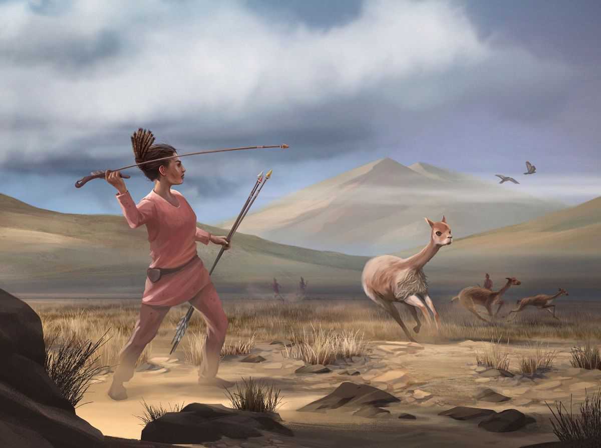 <p>La ilustración muestra a una cazadora andina con su atlatl, un lanzavenablos anterior a la aparición del arco y la flecha.<a class=